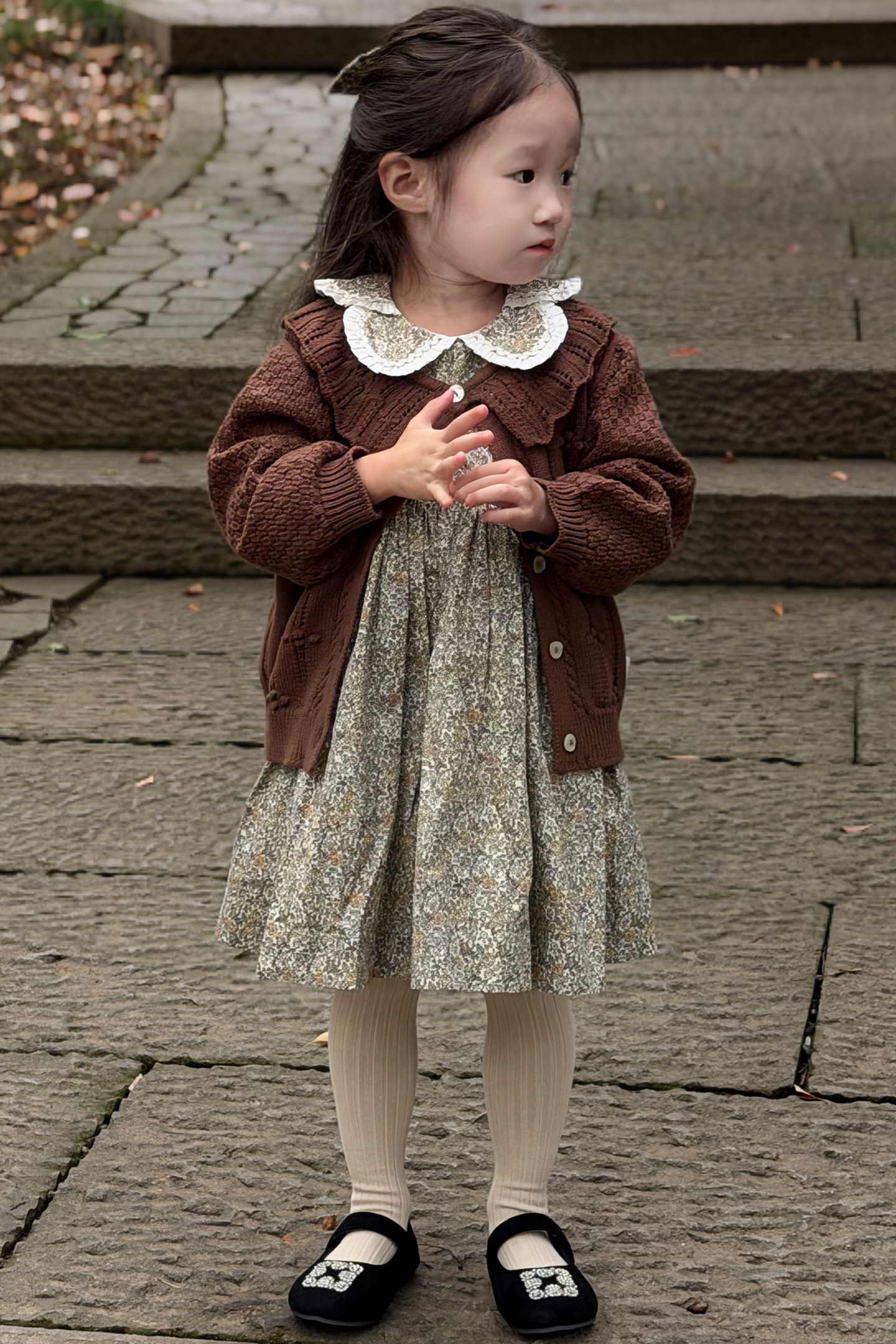 Vintage Floral Hand-Smocked Dress+ Matching Knit Cardigan.