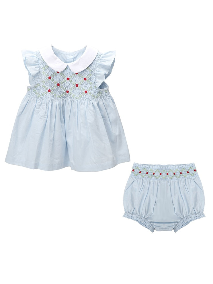 Blue Smocked Baby Girl Outfit – Hand-Embroidered 2-Piece Set