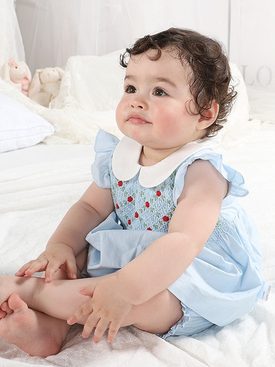 Blue Smocked Baby Girl Outfit – Hand-Embroidered 2-Piece Set