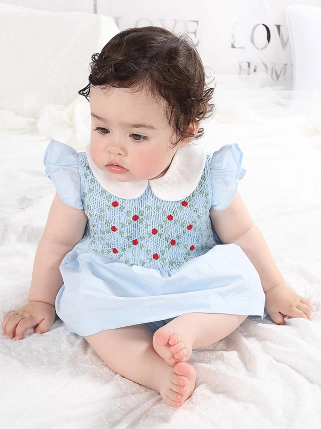 Blue Smocked Baby Girl Outfit – Hand-Embroidered 2-Piece Set