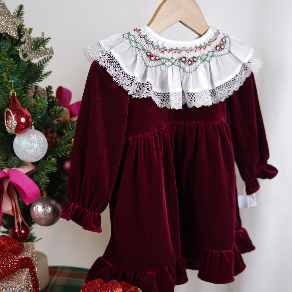 Deep Red Velvet  Smocked Collar Holiday Dress
