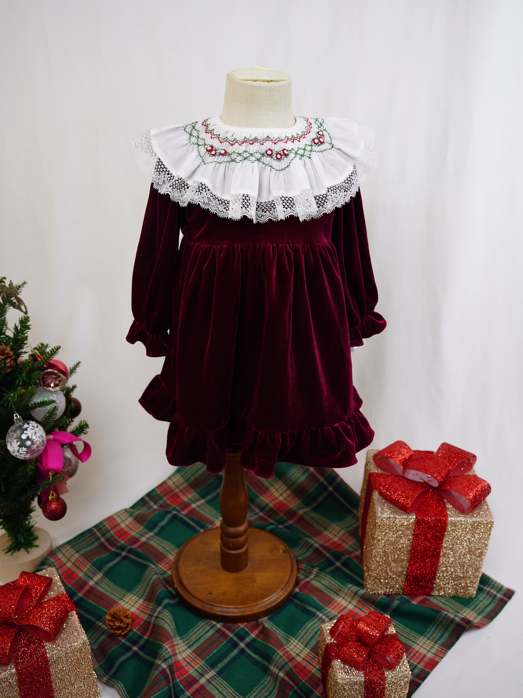 Deep Red Velvet  Smocked Collar Holiday Dress