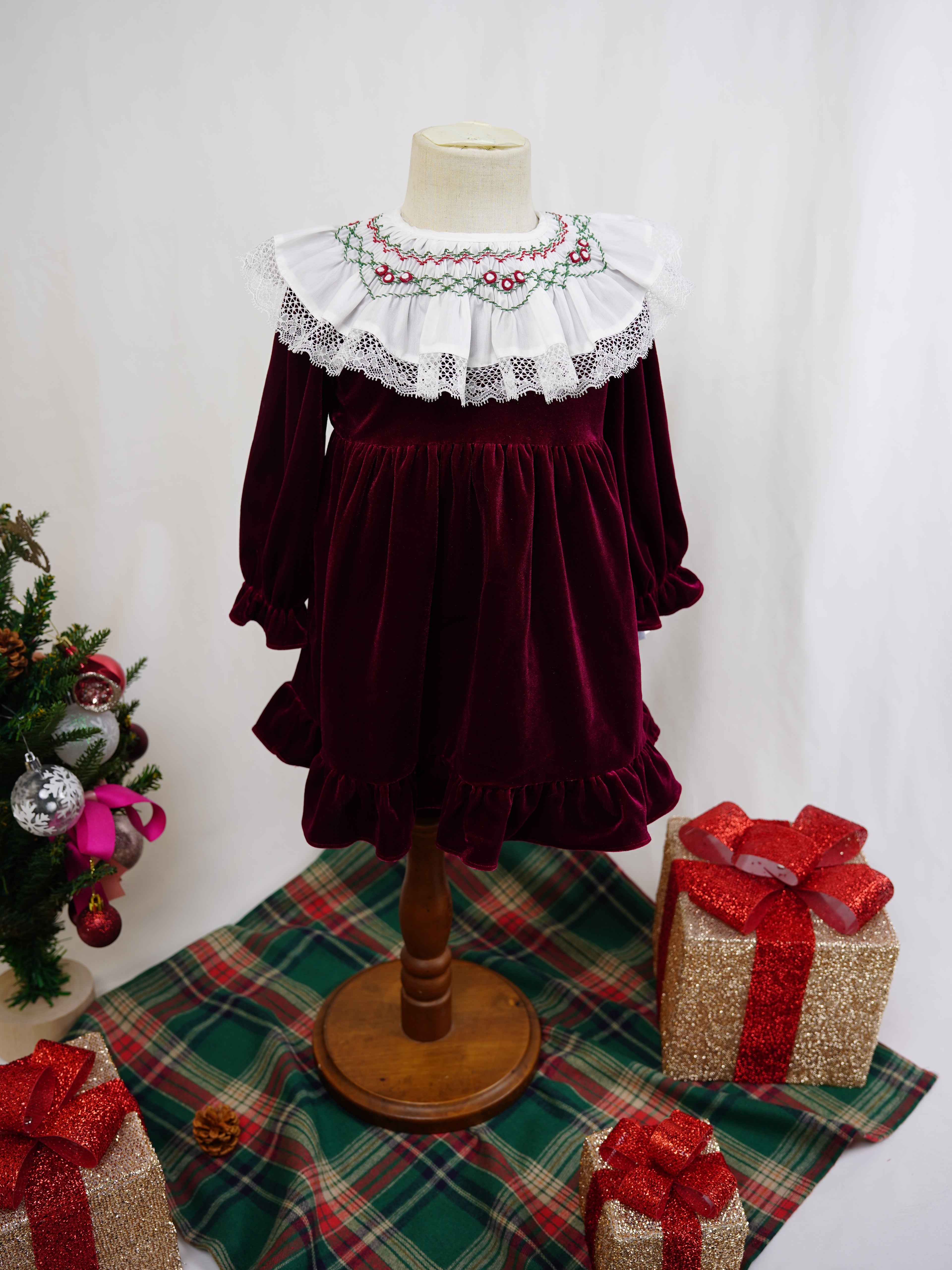 Deep Red Velvet  Smocked Collar Holiday Dress