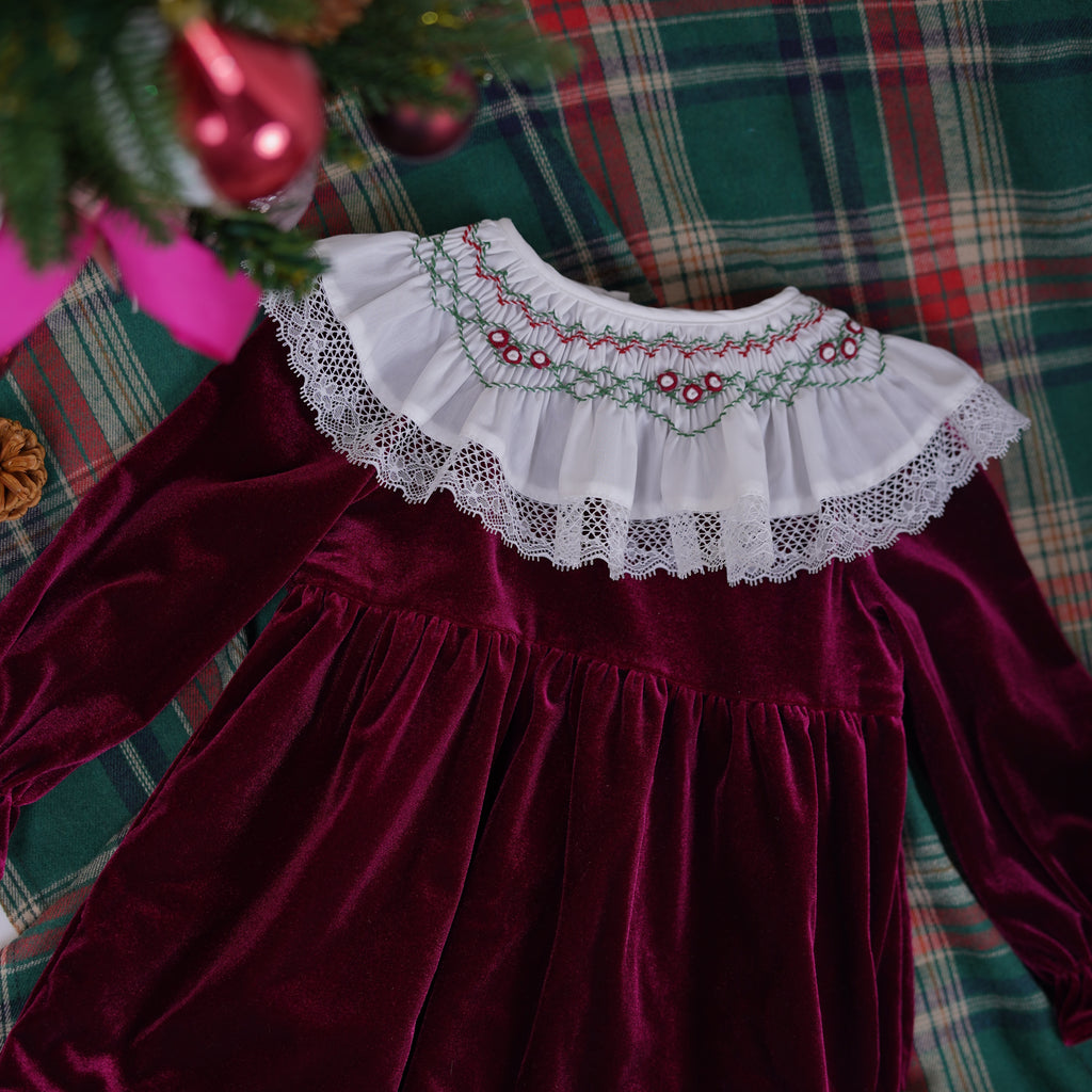 Deep Red Velvet  Smocked Collar Holiday Dress