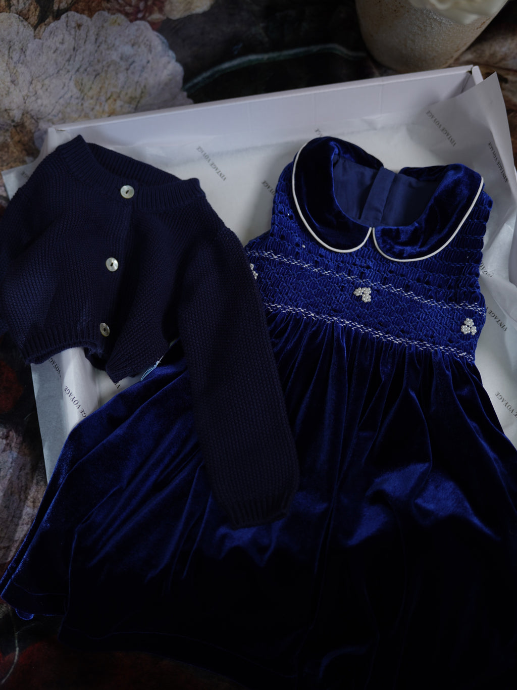 Navy Velvet Smocked Dress Set