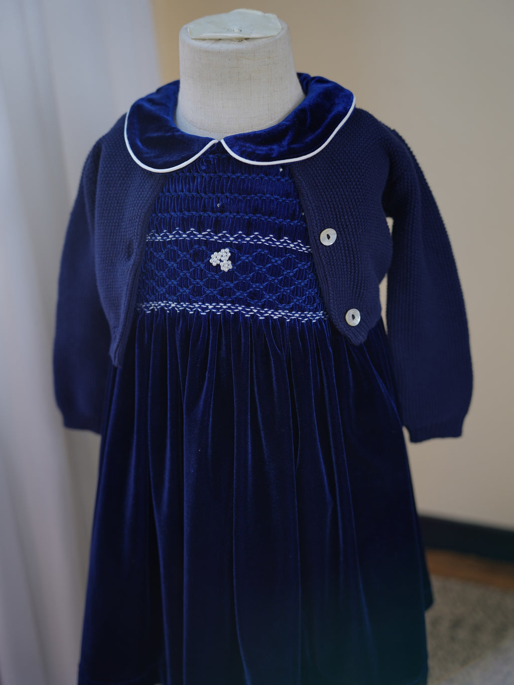 Navy Velvet Smocked Dress Set