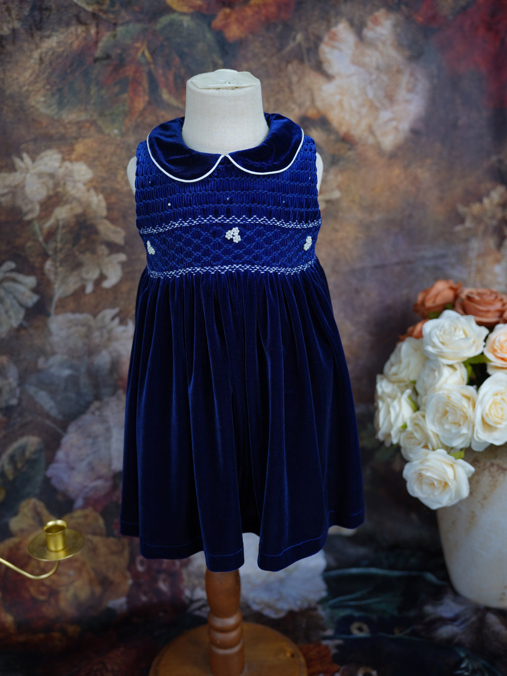 Navy Velvet Smocked Dress Set