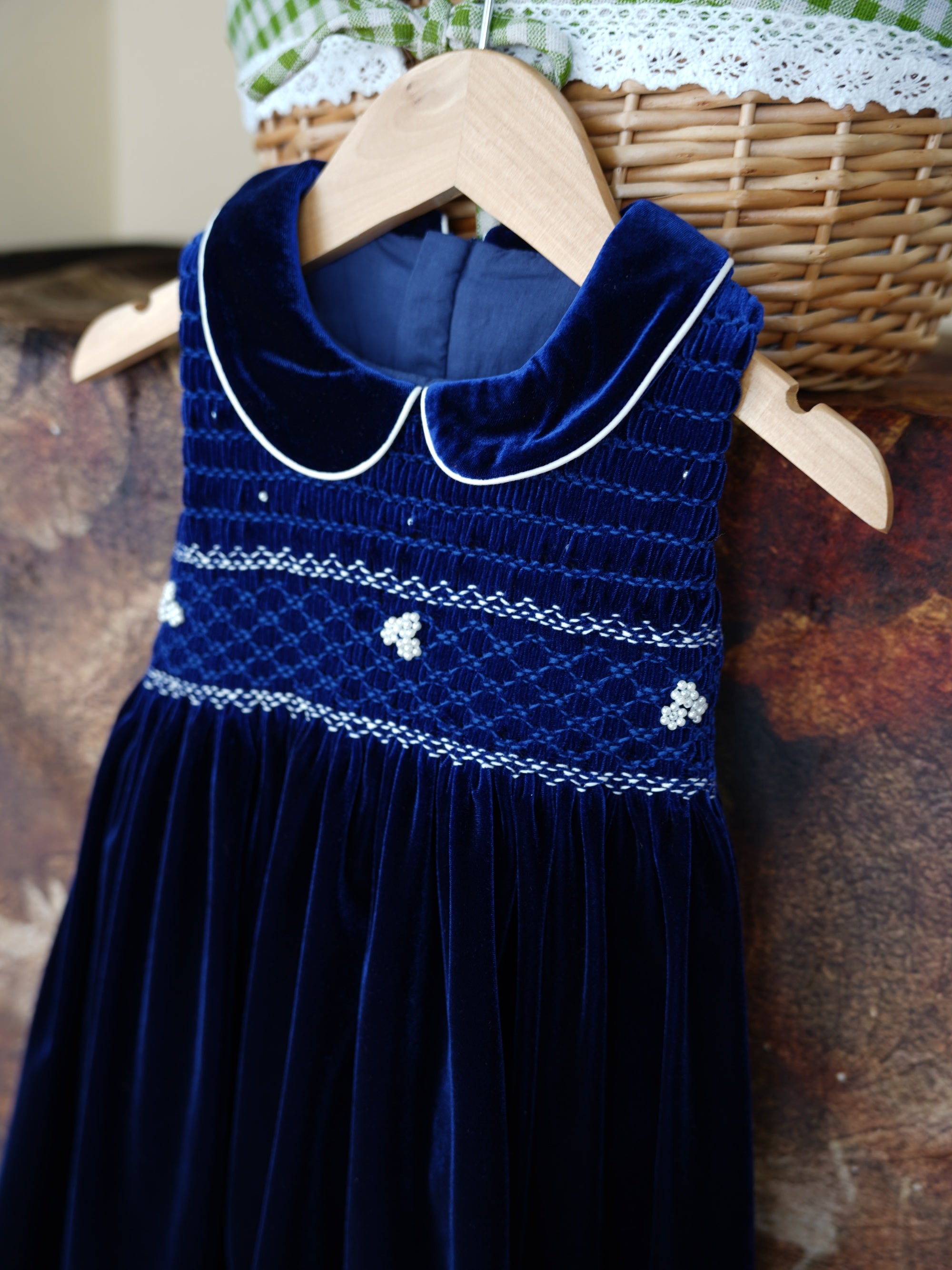 Navy Velvet Smocked Dress Set