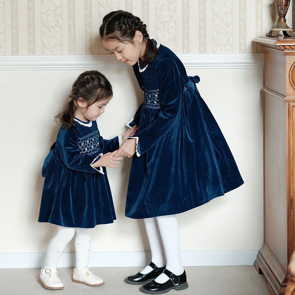Navy Velvet Hand-Smocked Dress