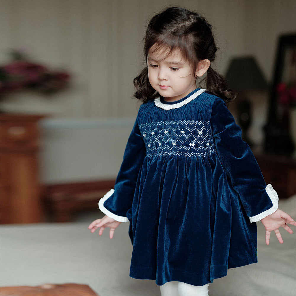 Navy Velvet Hand-Smocked Dress