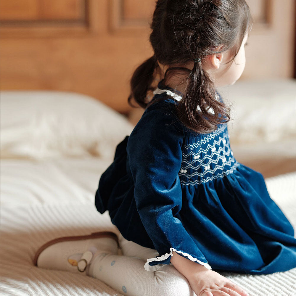 Navy Velvet Hand-Smocked Dress