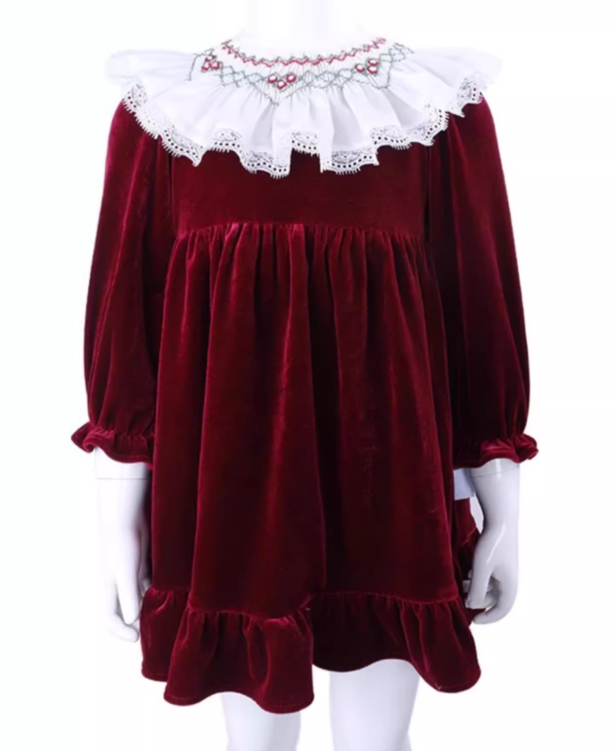 Deep Red Velvet  Smocked Collar Holiday Dress