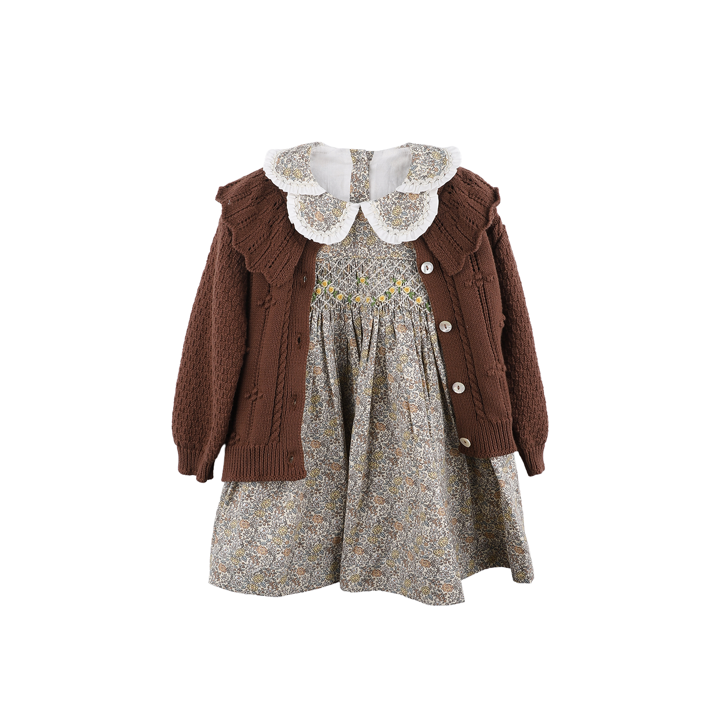 Vintage Floral Hand-Smocked Dress+ Matching Knit Cardigan.