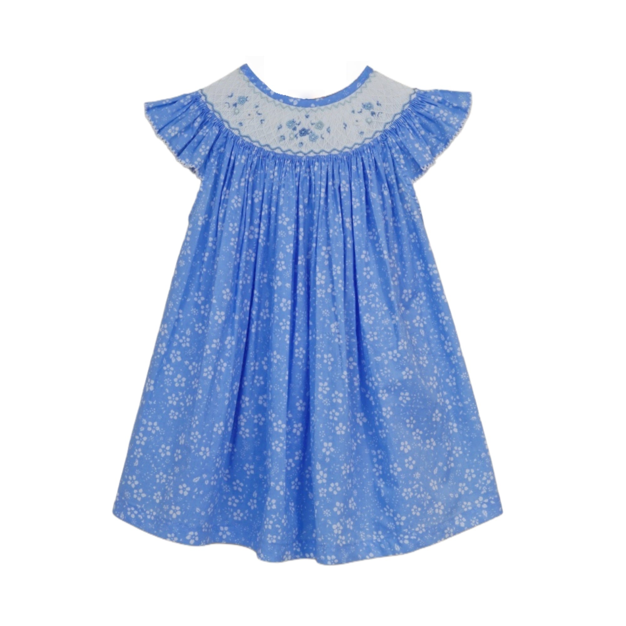 Front view of blue floral smocked dress with lace yoke