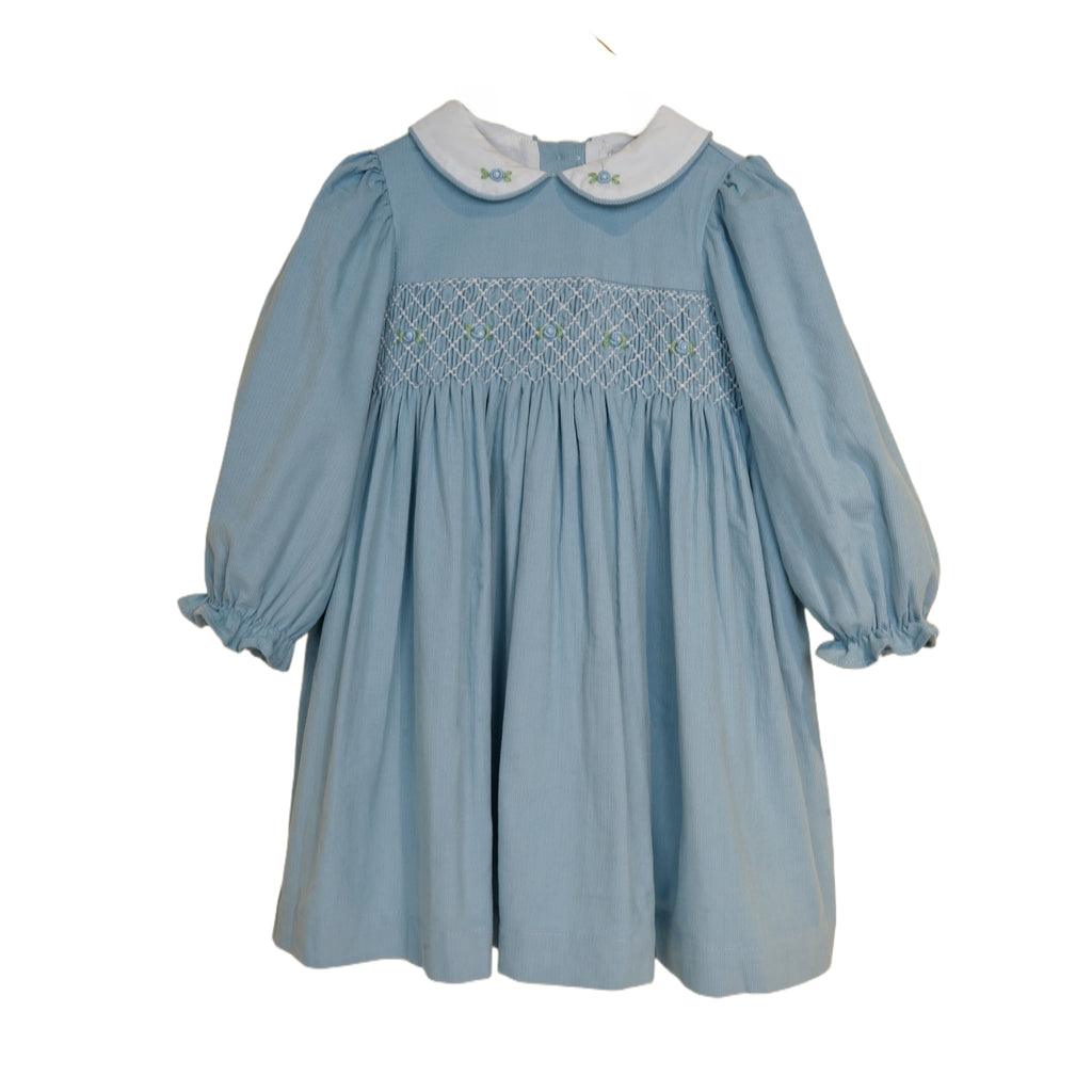 Studio front image of blue hand smocked dress for toddlers
