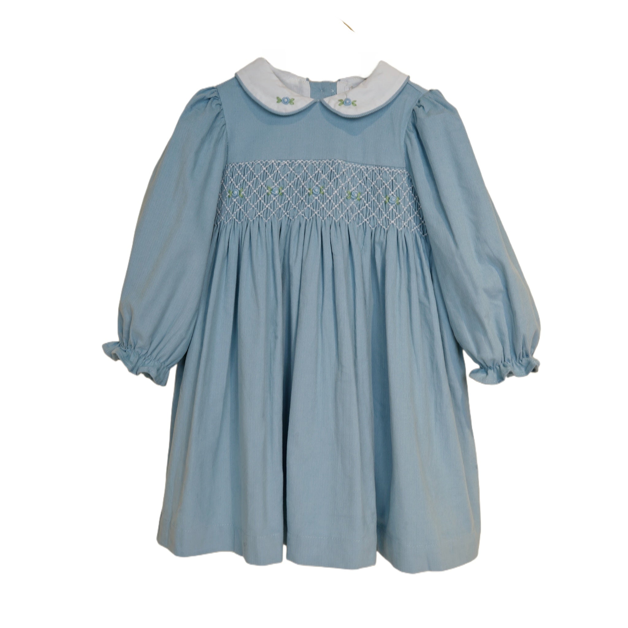 Studio front image of blue hand smocked dress for toddlers