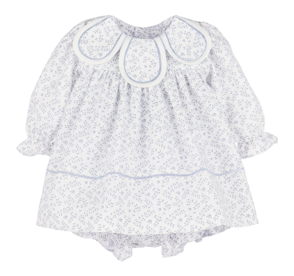 blue ditsy floral baby dress with petal collar