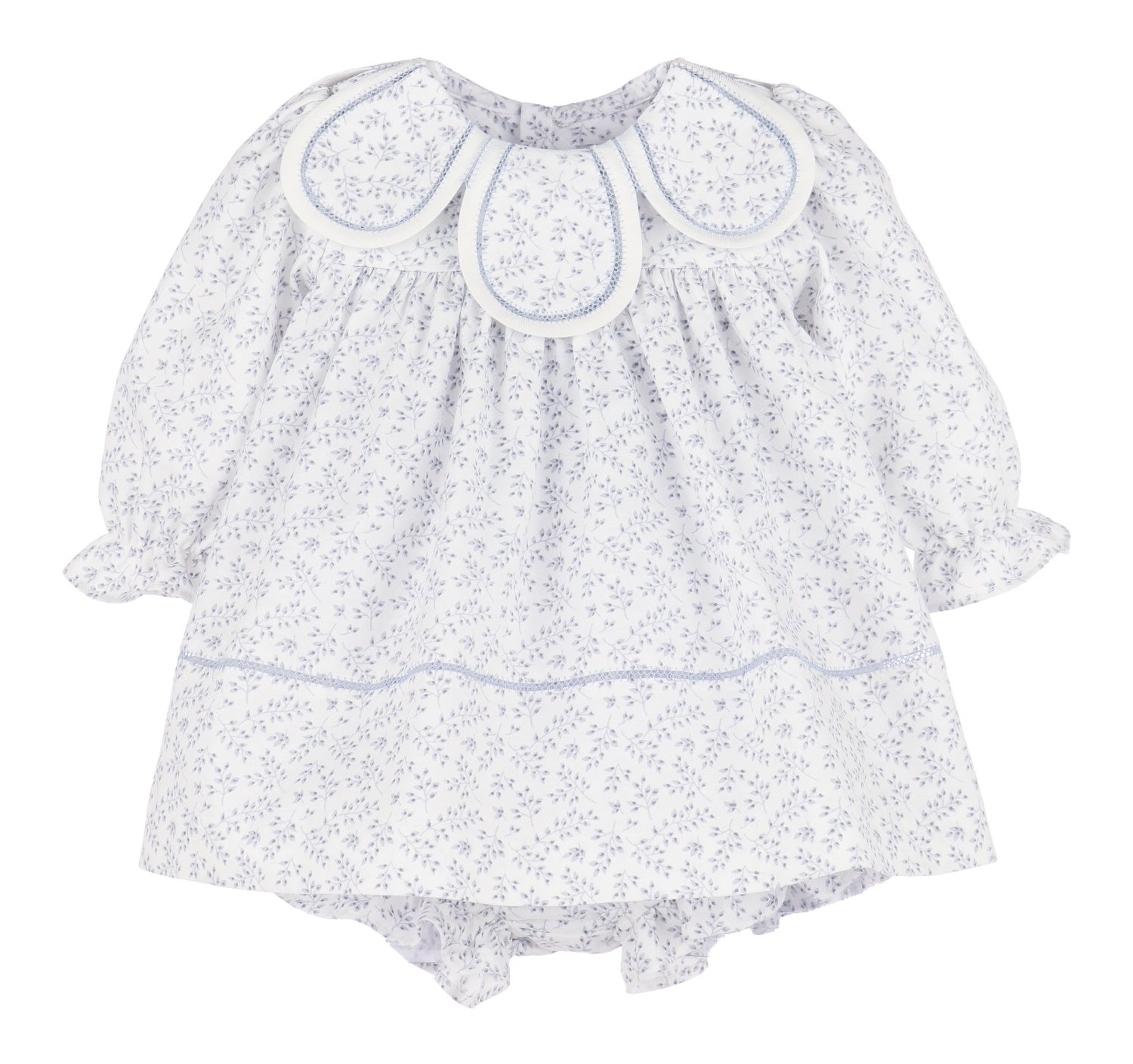 blue ditsy floral baby dress with petal collar