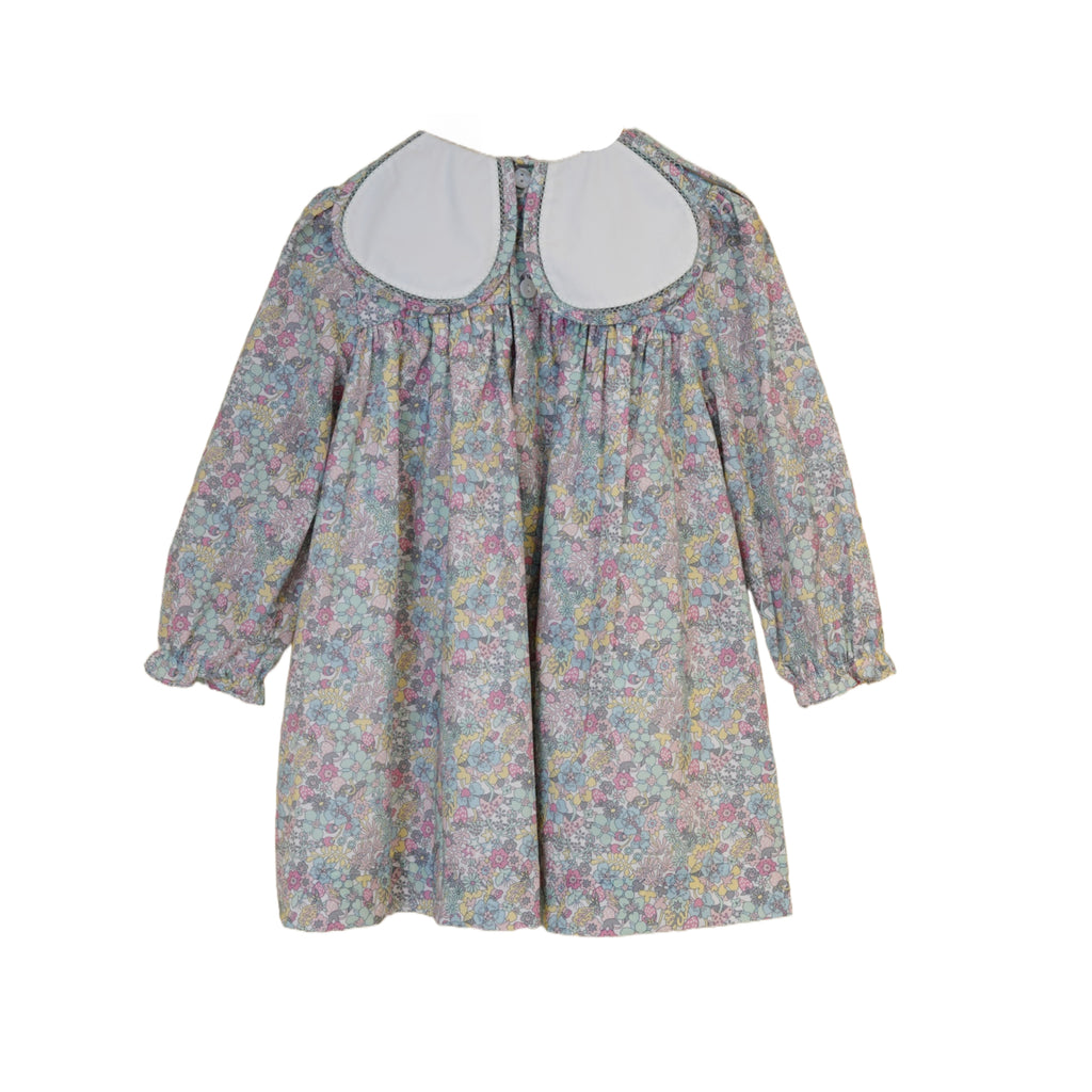 Back view with buttons of floral petal collar dress