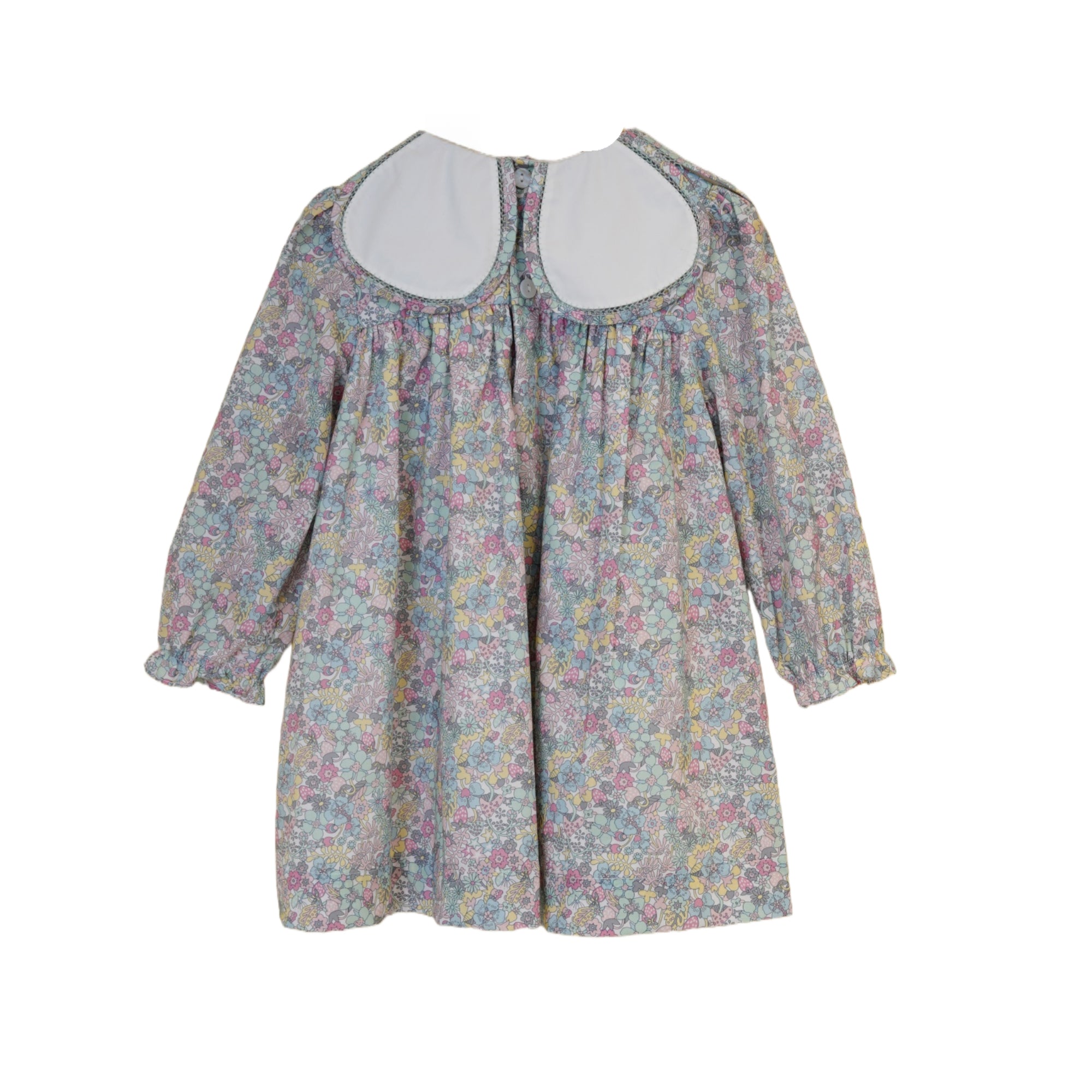 Back view with buttons of floral petal collar dress