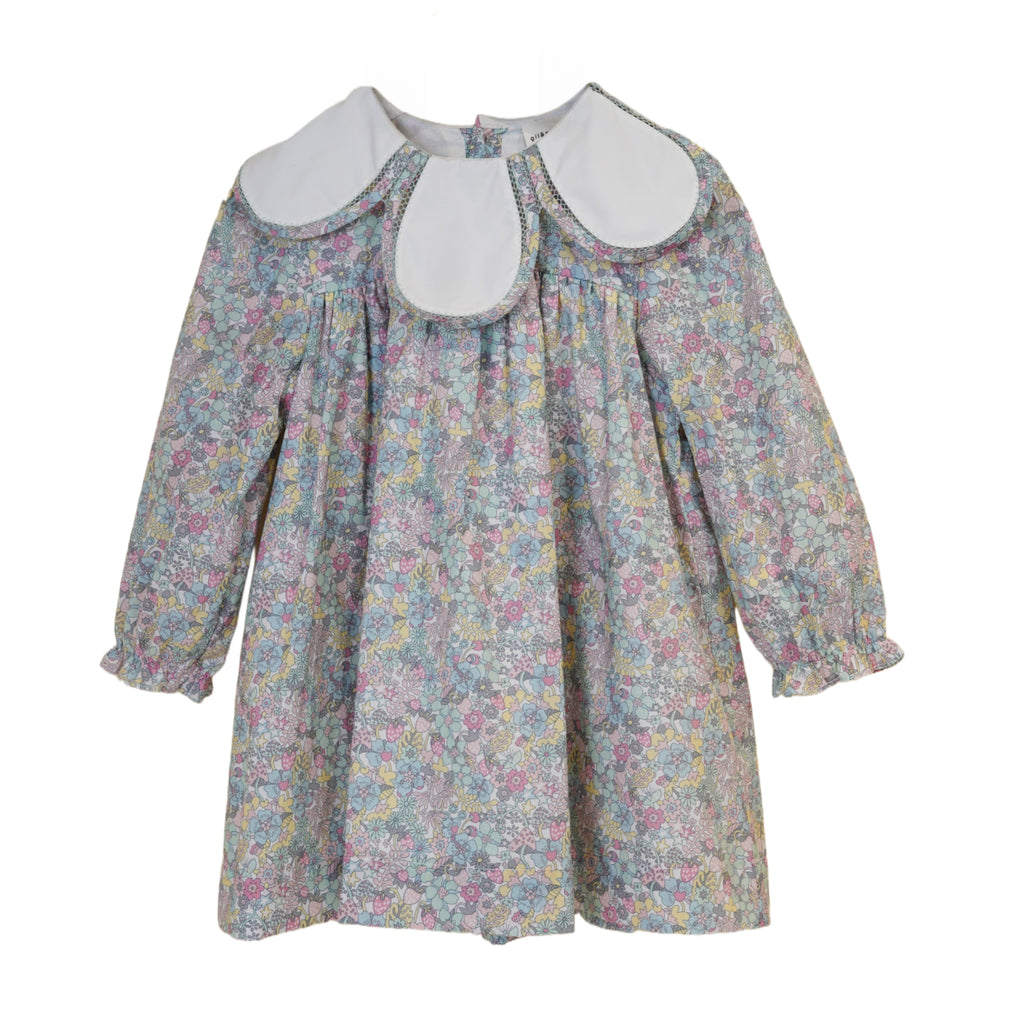Front view of floral petal collar dress long sleeve