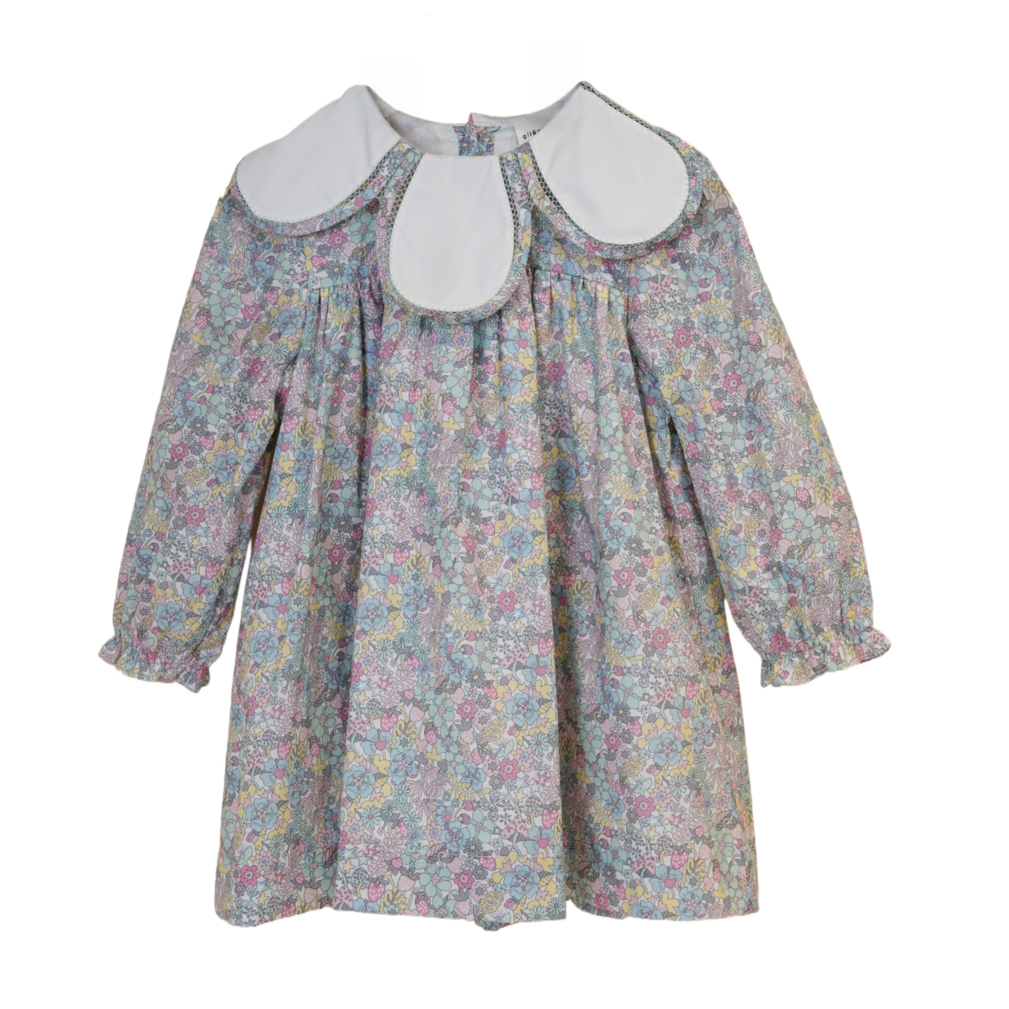 Front view of floral petal collar dress long sleeve