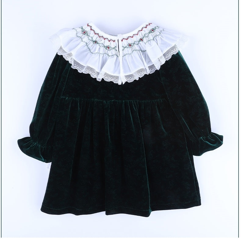 back view with ruffle collar and buttons on green velvet dress