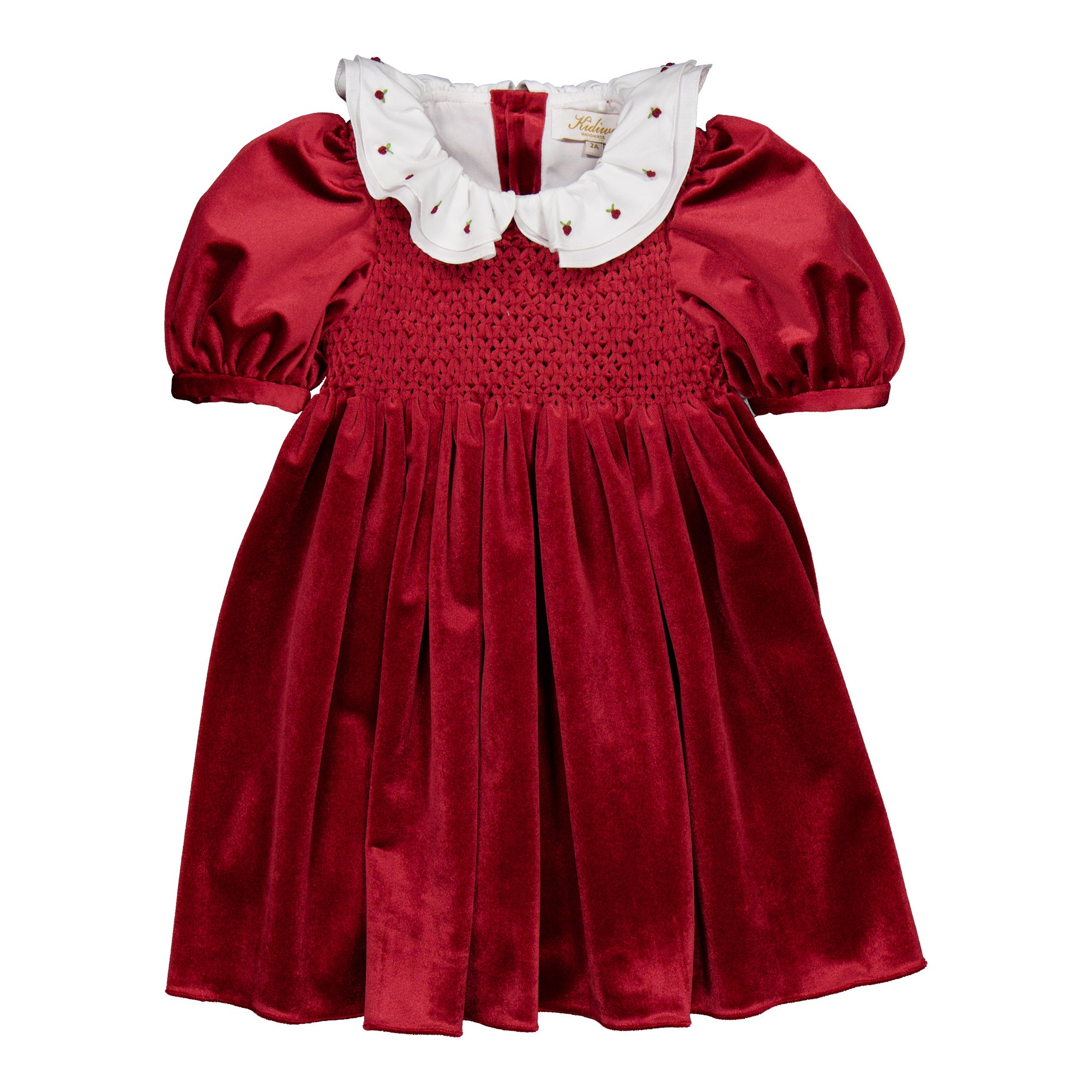 Kidiwi red velvet hand-smocked baby dress with apple-embroidered ruffle collar / Kidiwi