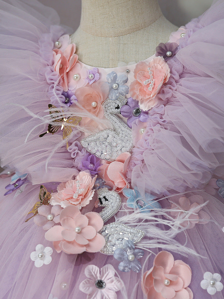 Ruffle wing shoulder detail with blossoms on lilac fairy dress