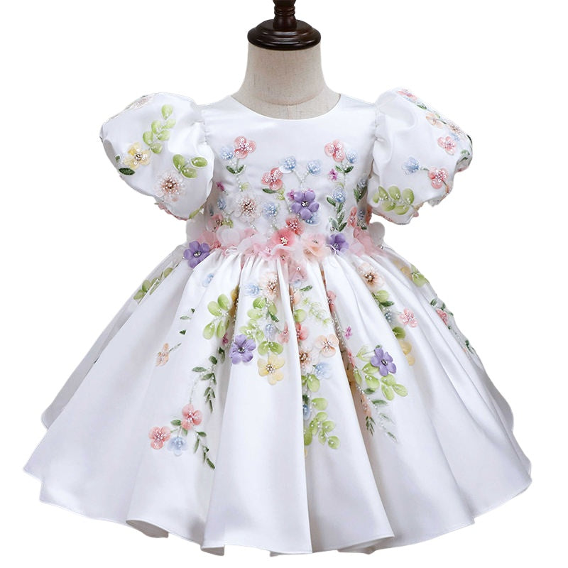 Ivory 3D floral dress, full front view, satin skirt