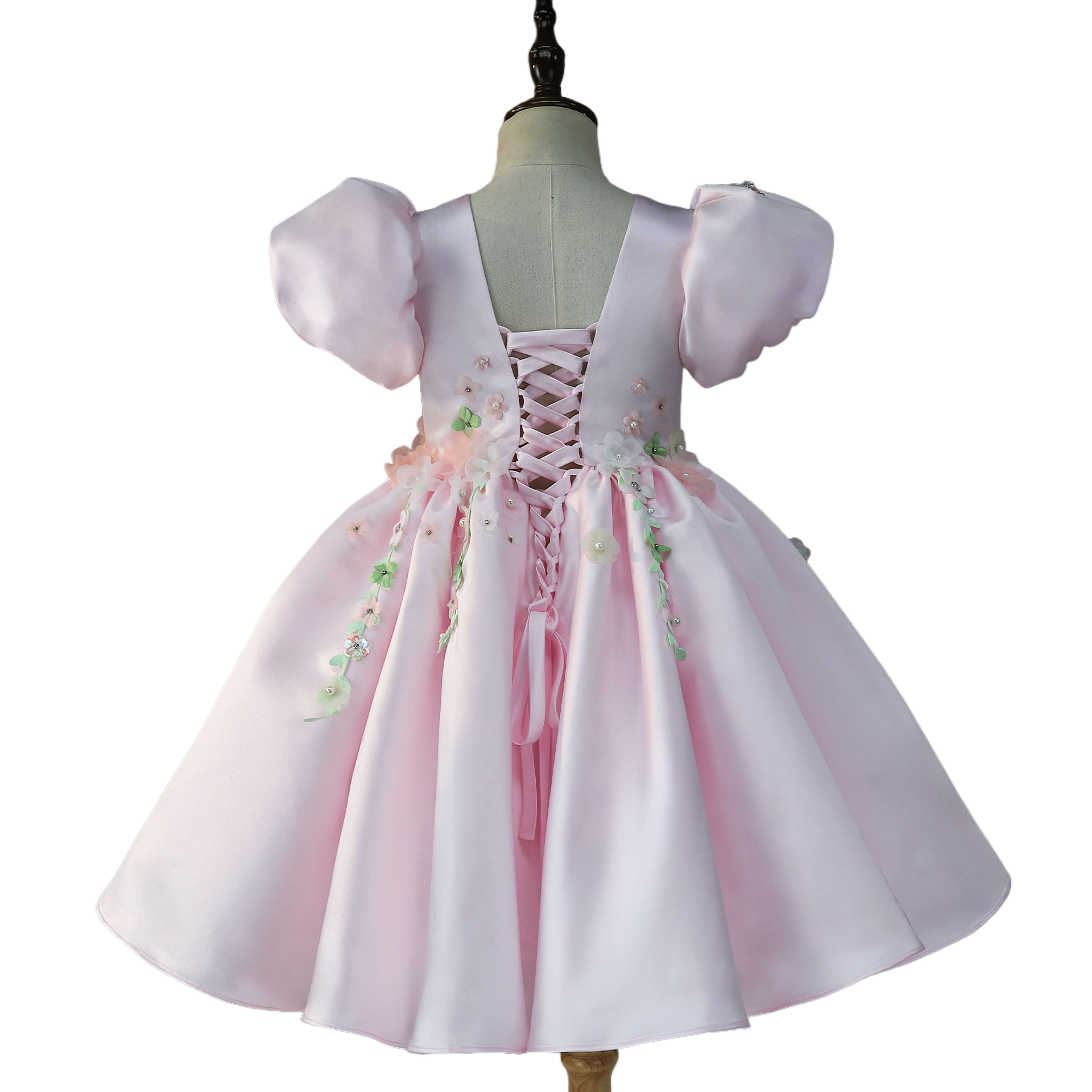 Lace-up V-back on pink dress, full back view