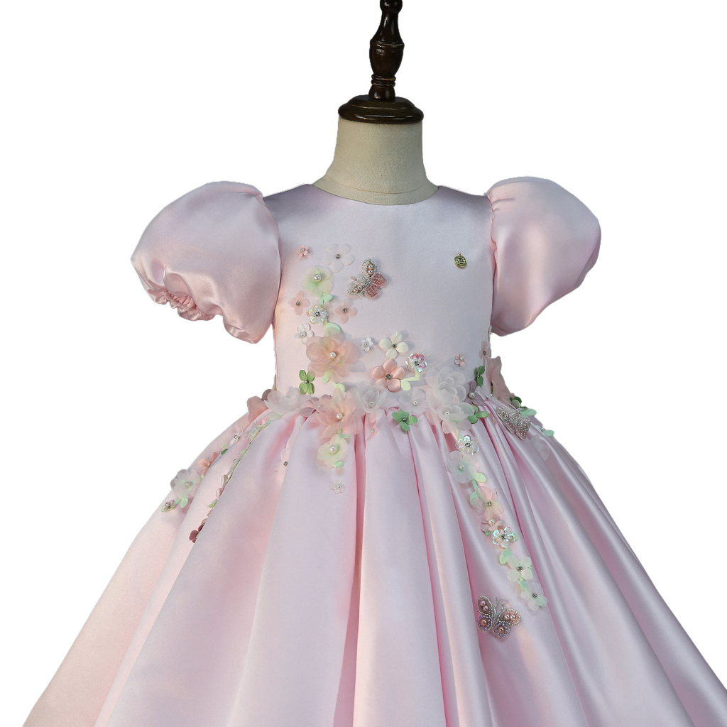 Pink floral dress, front half view, satin skirt