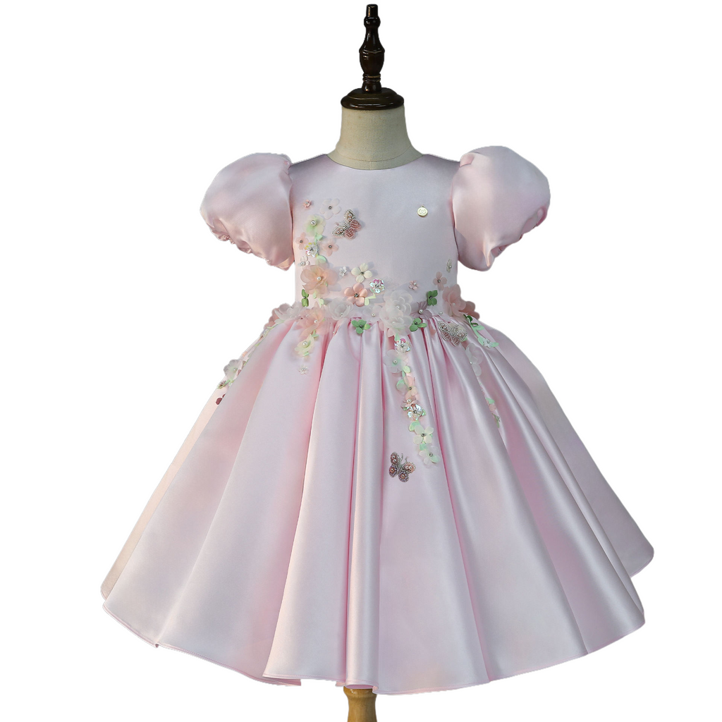 Pink 3D floral dress, full front view, puff sleeves