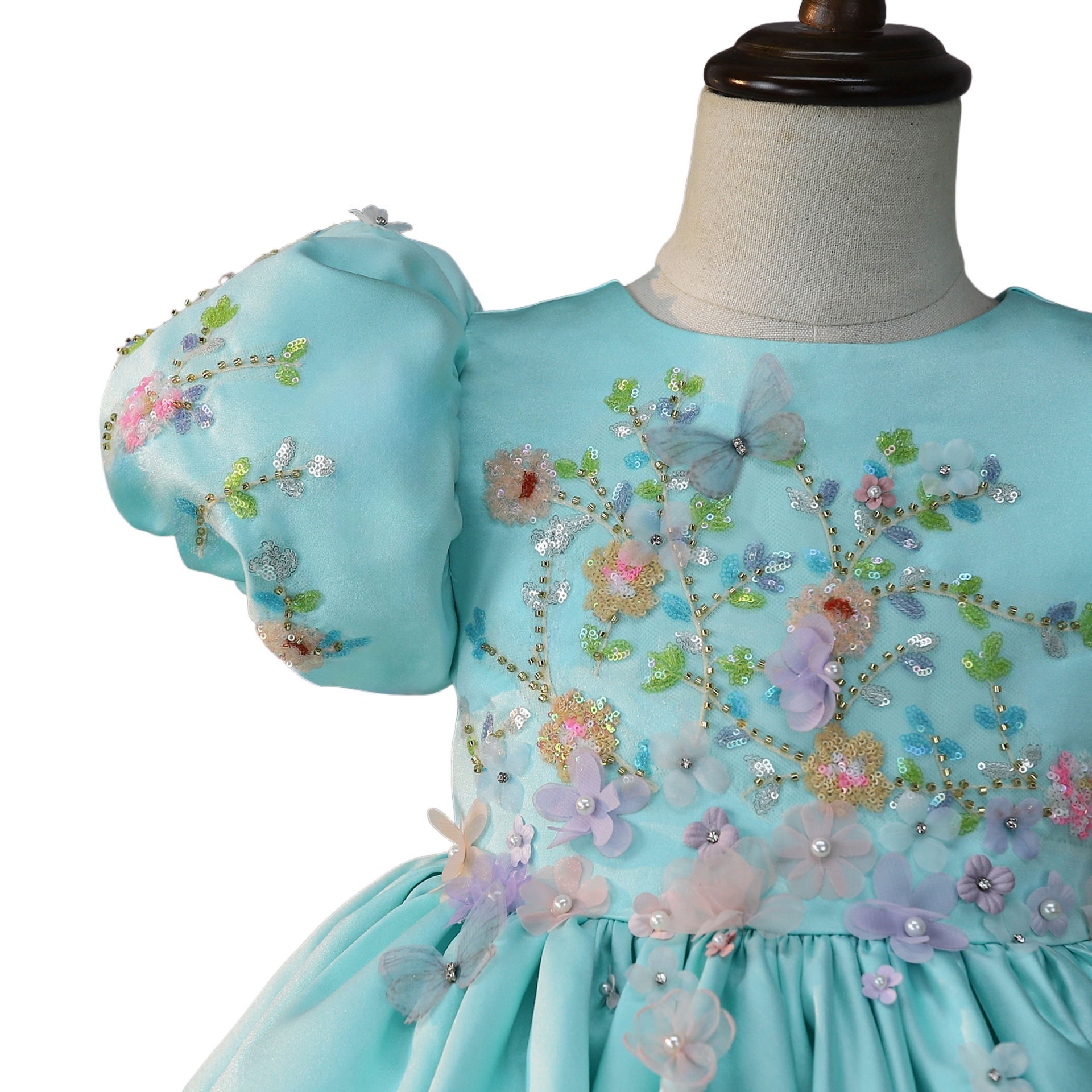 Handcrafted 3D floral bodice with pearls and crystals, close-up