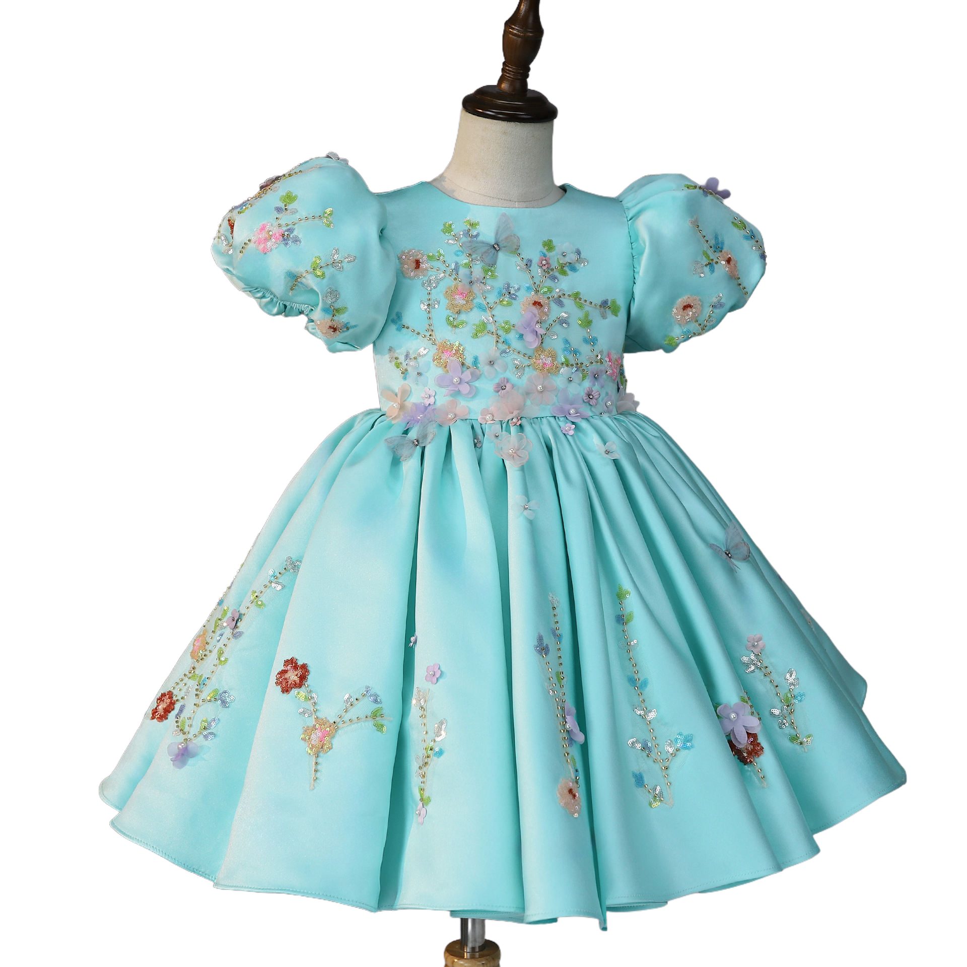 Seafoam blue floral dress, full front view, satin skirt