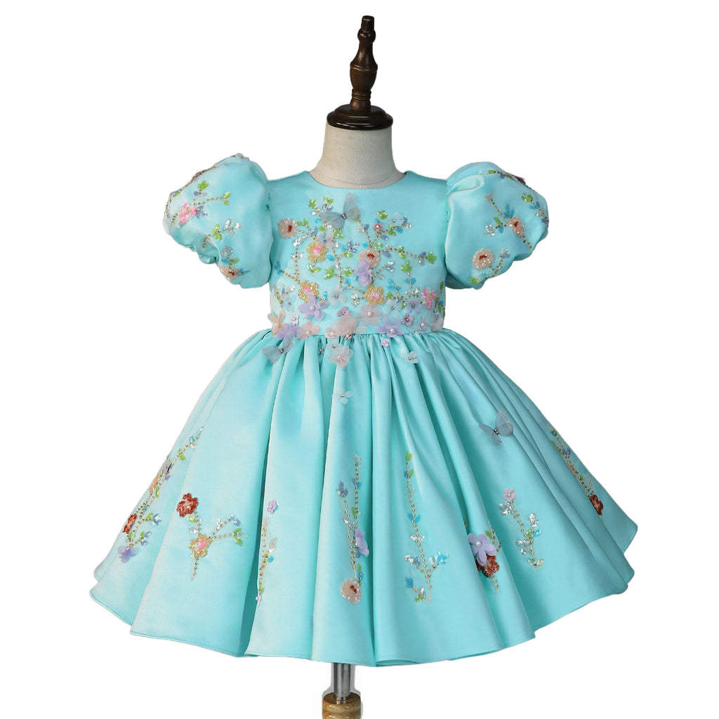 Seafoam blue 3D floral dress, puff sleeves, front view