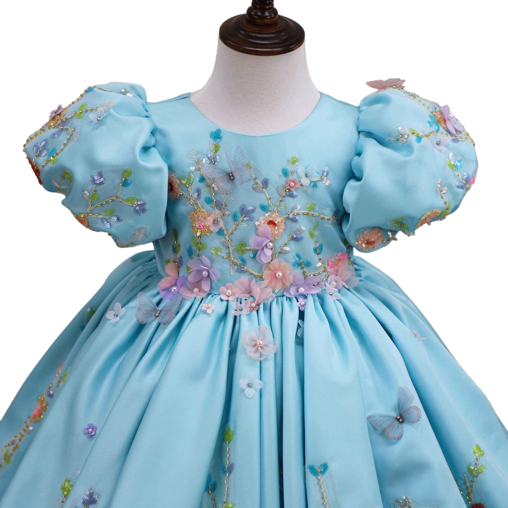 Sky blue 3D floral dress, bodice front view, puff sleeves