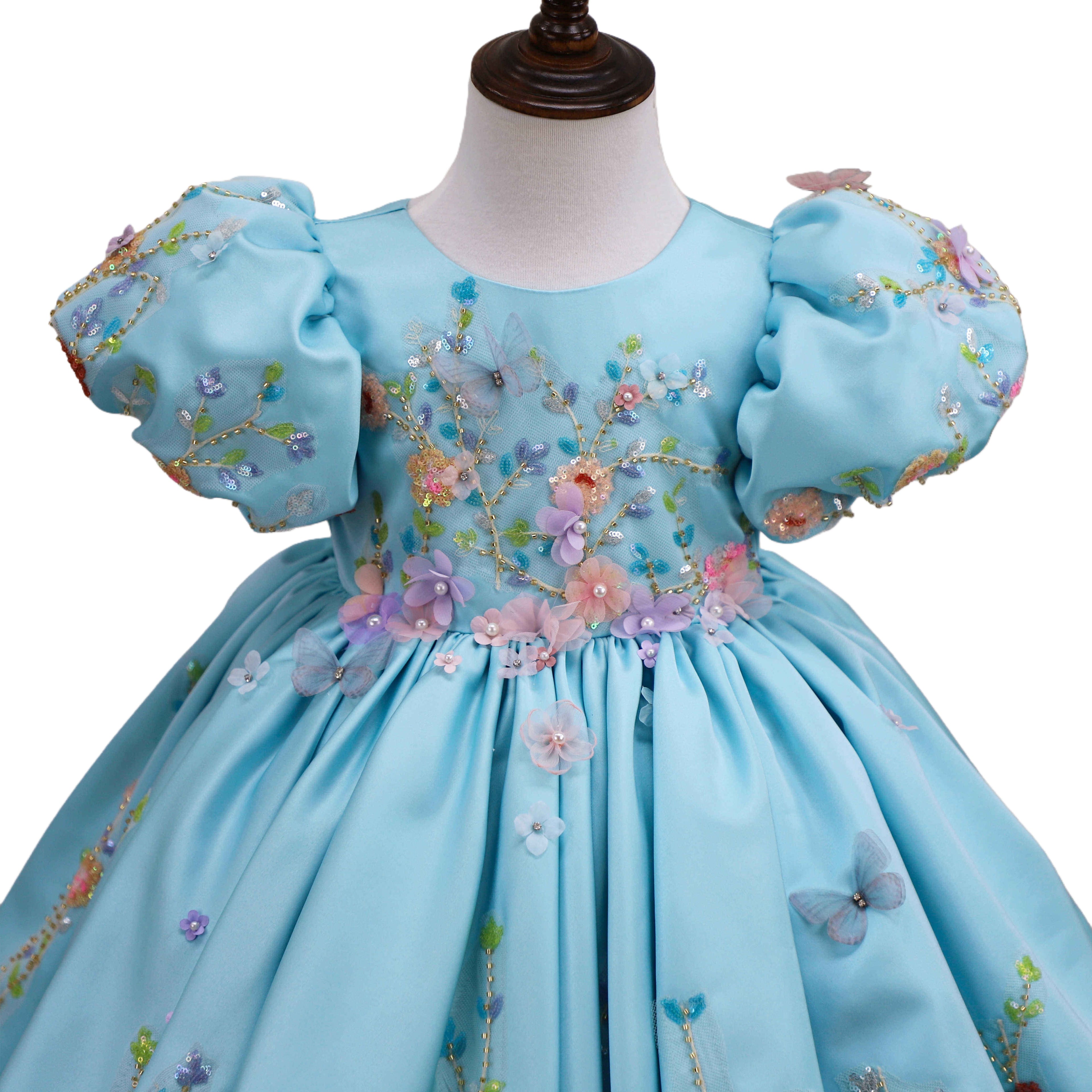 Sky blue 3D floral dress, bodice front view, puff sleeves