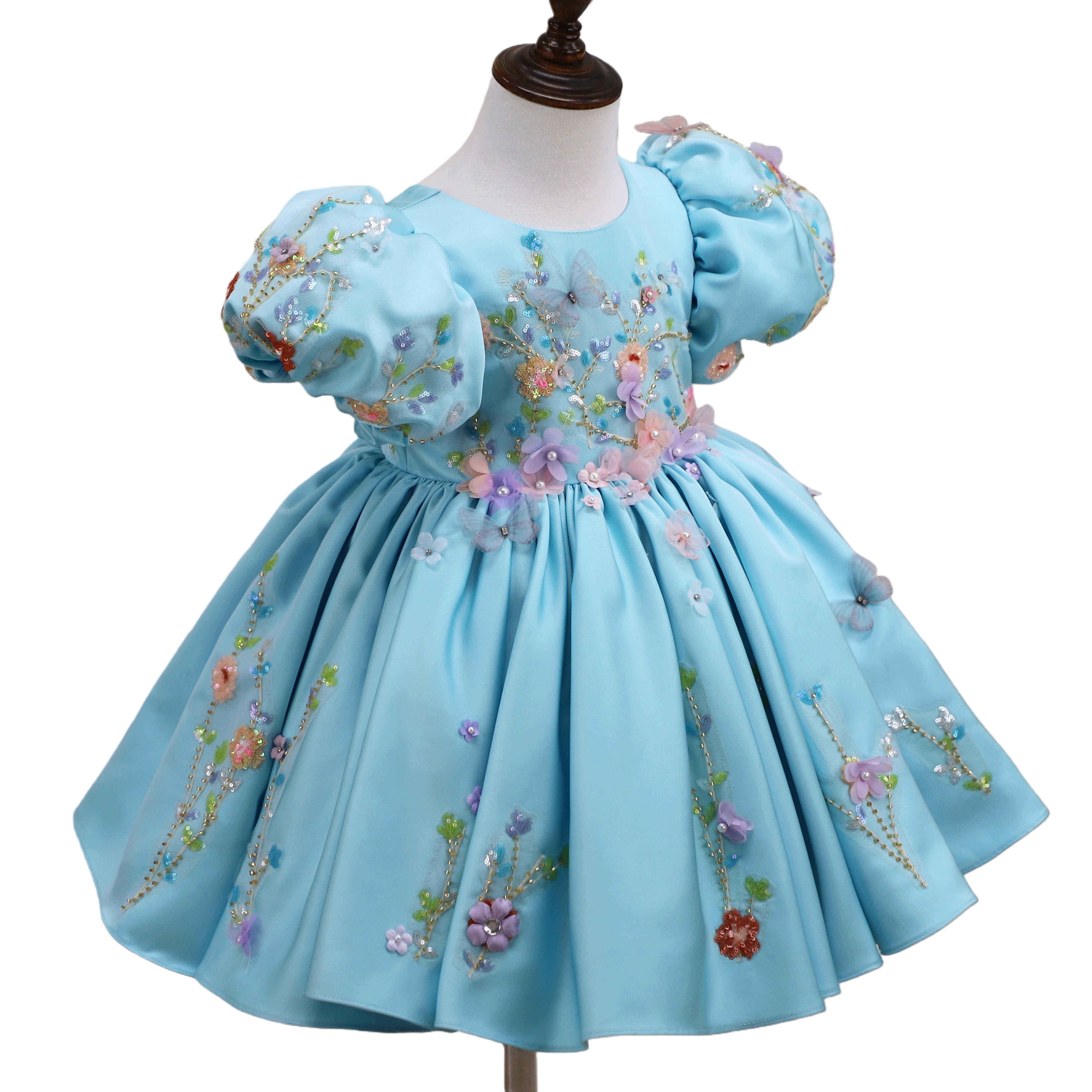 Sky blue floral dress, angled front view, satin skirt
