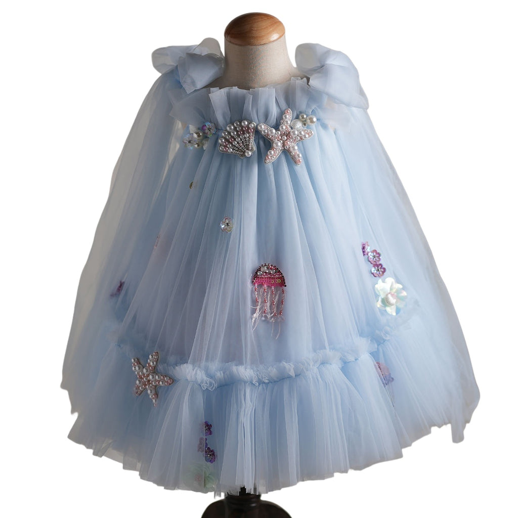 Front view of blue Mermaid Princess Dress for baby girls