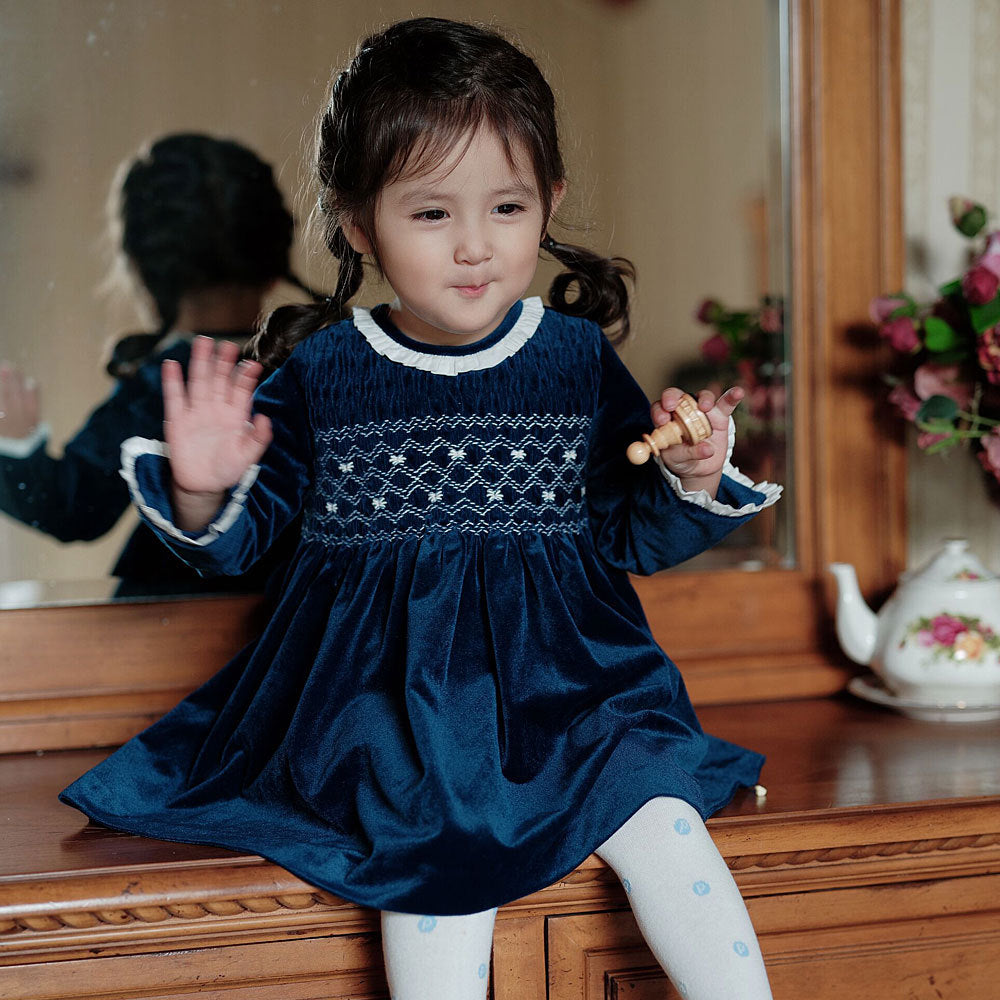Navy Velvet Hand-Smocked Dress