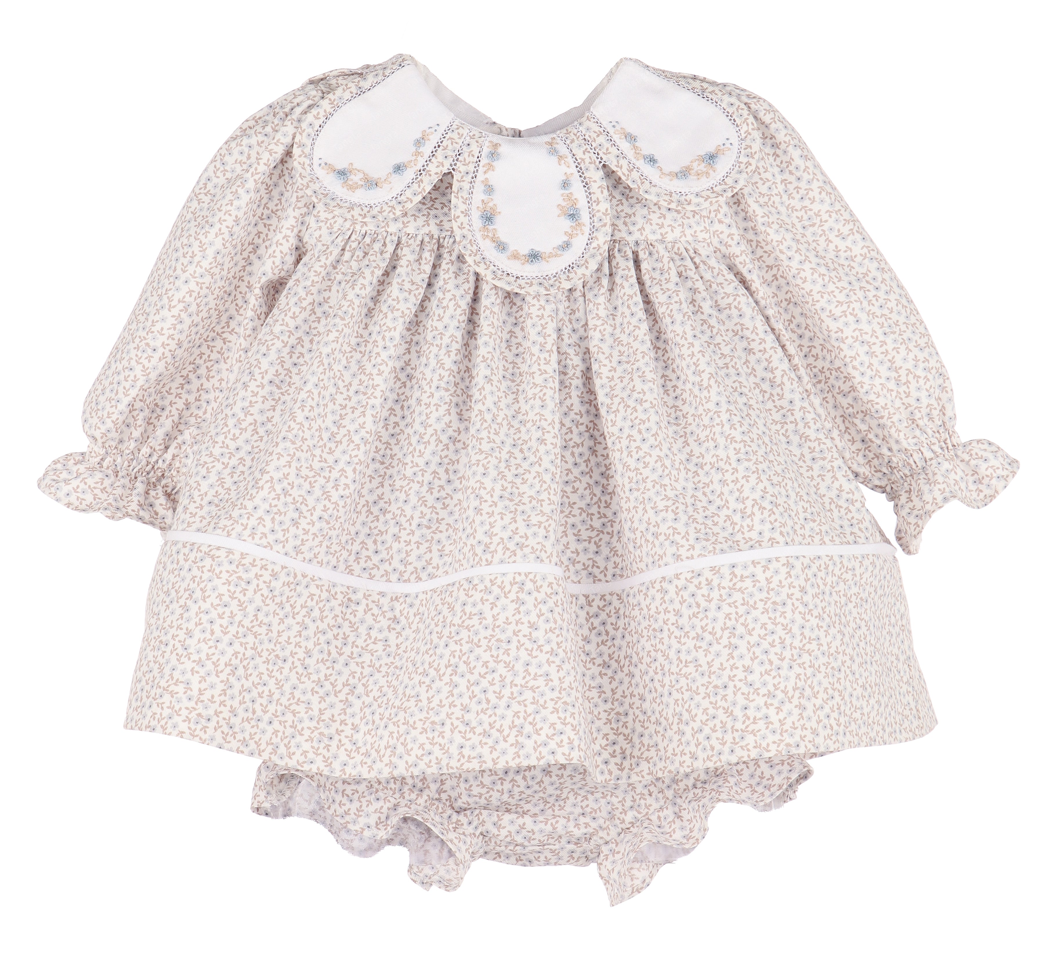 oat beige ditsy floral baby dress with embroidered petal collar