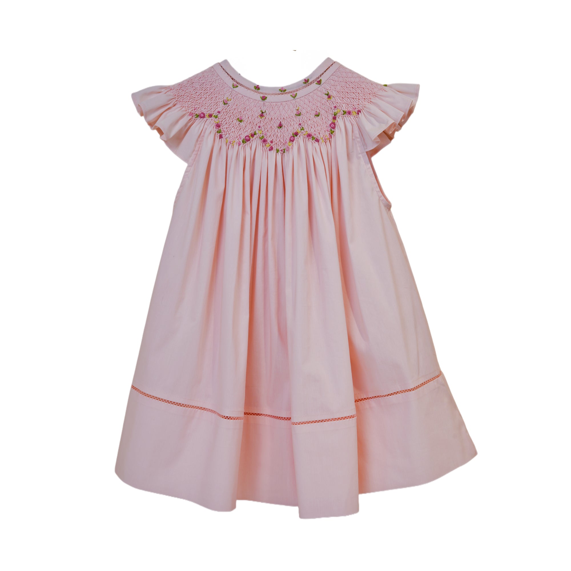 Pink hand-smocked dress front view for baby girls
