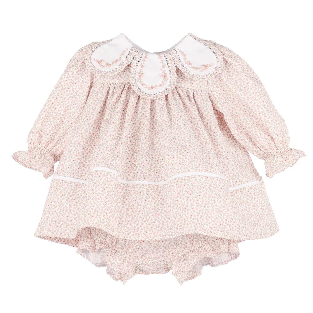 long-sleeve ditsy floral baby dress with scalloped embroidered collar