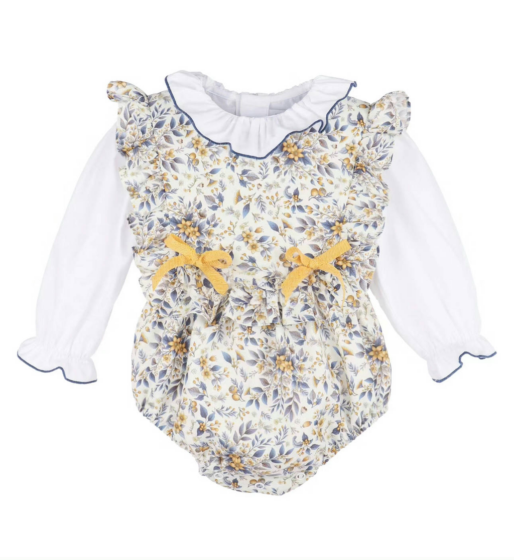long-sleeve floral bubble romper with ruffle collar
