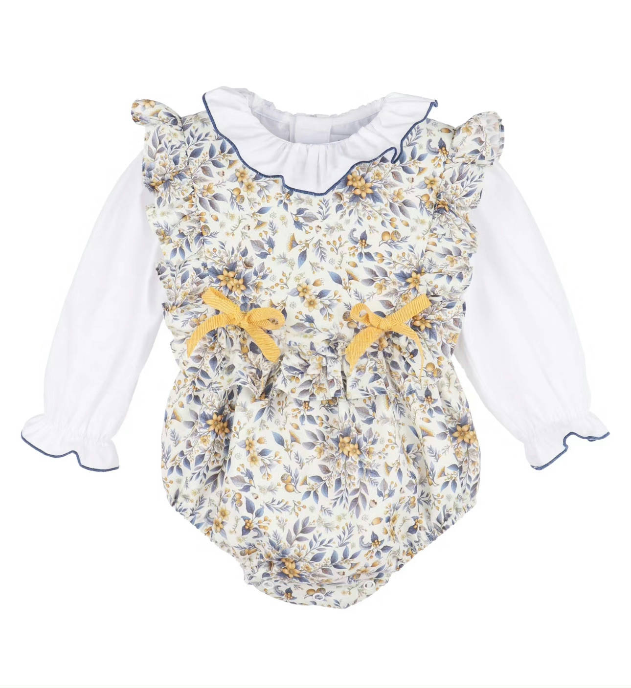 long-sleeve floral bubble romper with ruffle collar