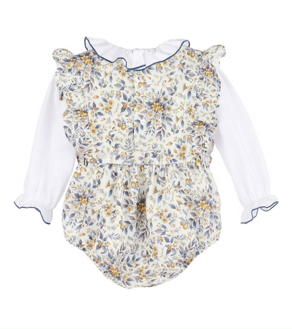 back view floral romper with elastic leg openings