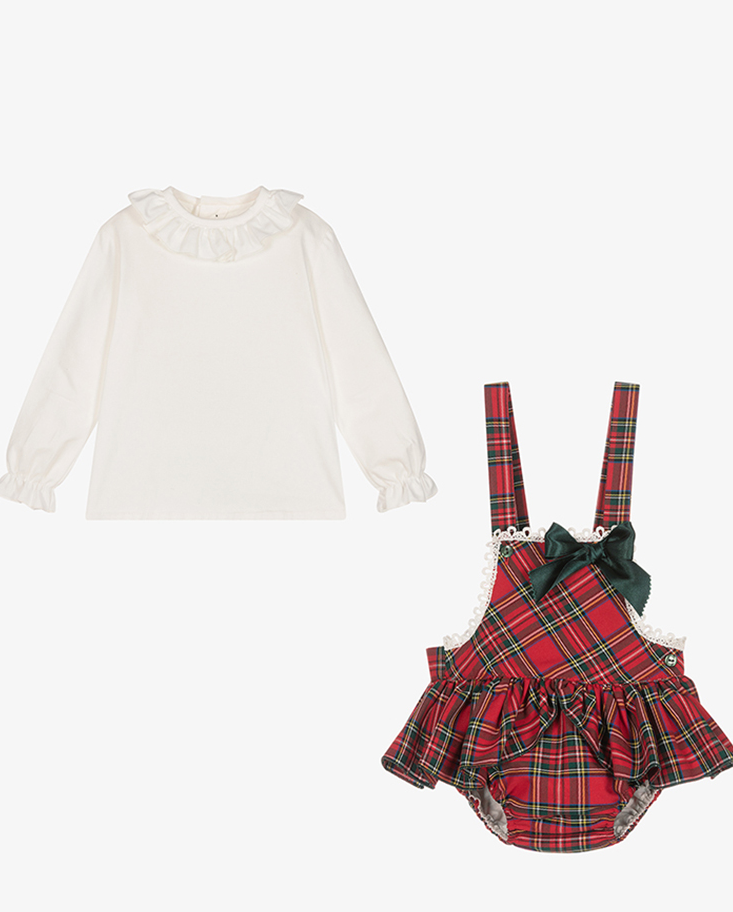 ruffle collar long sleeve top with tartan romper