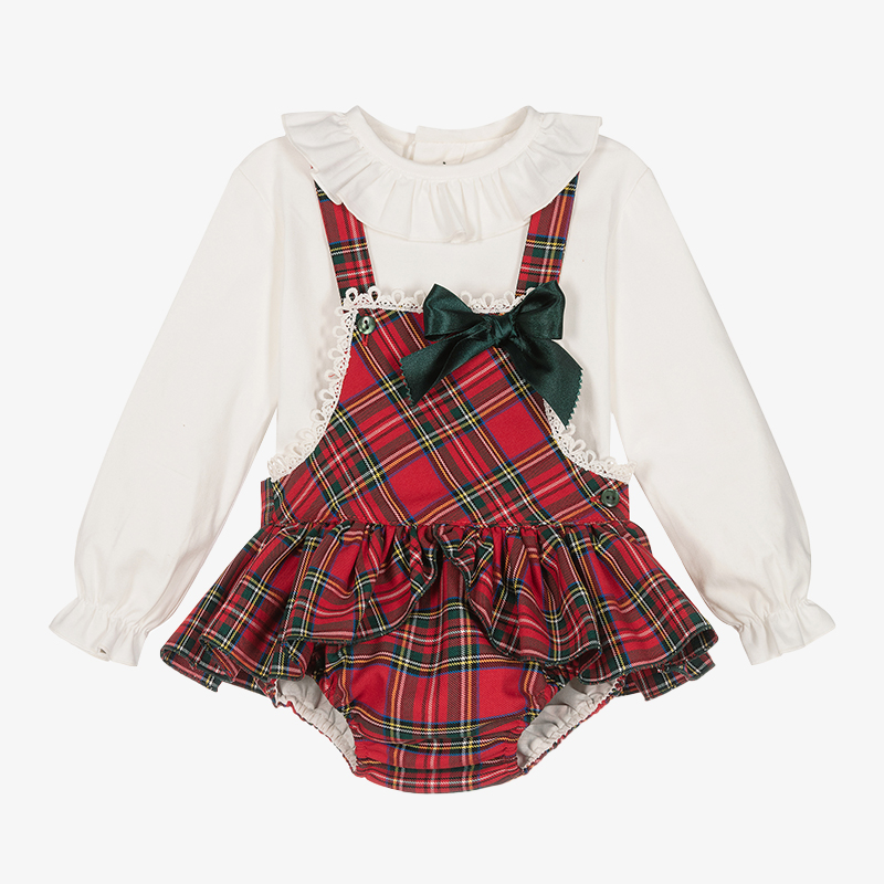 red tartan pinafore baby romper set with ruffle collar top and green bow