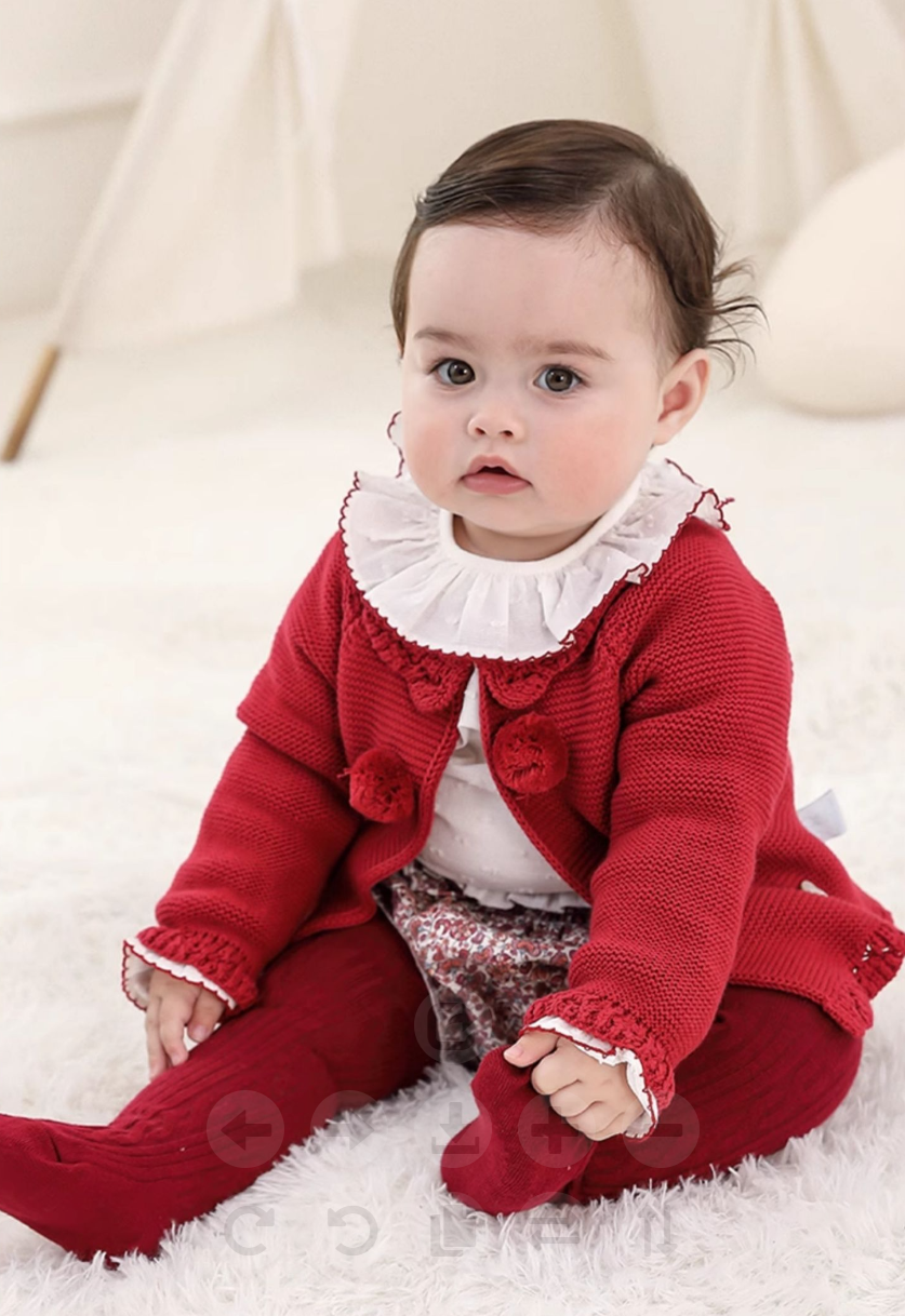 Red Knit Cardigan Baby Set | Ruffle Collar & Floral Bloomers 12M–4T